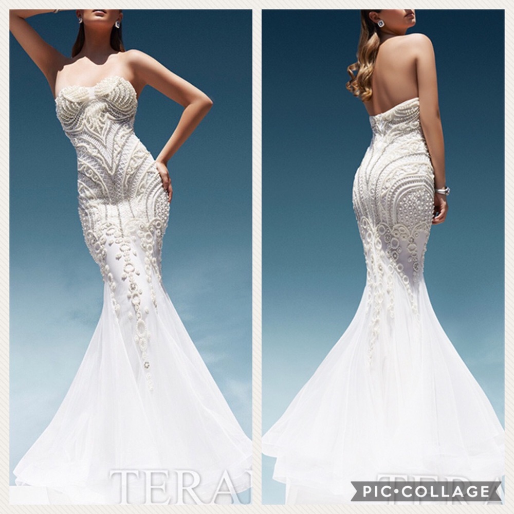 TERANI couture white pearl mermaid gown